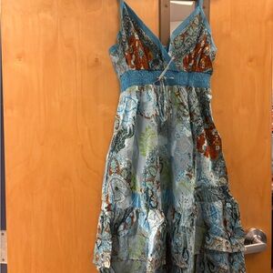 Vibrant Paisley Midi Dress in Blue and Brown. Size L, 100% cotton boho. NWT